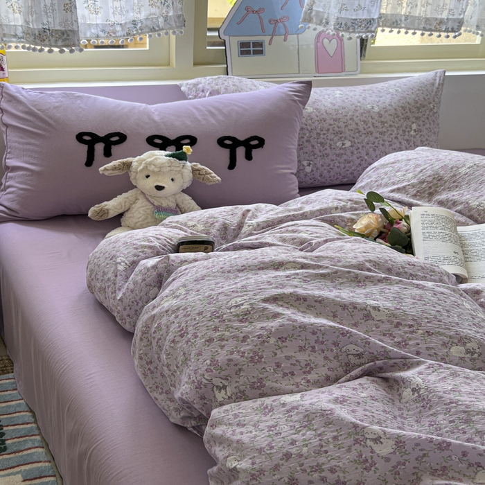 91家纺网 家纺一手货源 找家纺 三元色 2025新款软糯云感毛巾绣四件套 兔茶春日