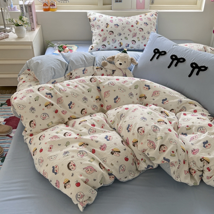 91家纺网 家纺一手货源 找家纺 三元色 2025新款软糯云感毛巾绣四件套 小新乐园