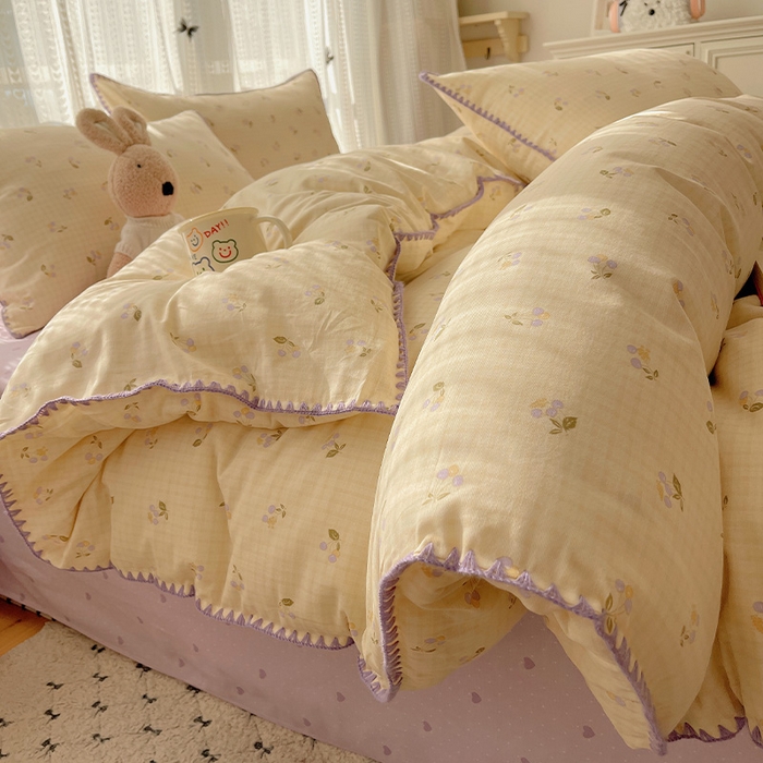 瑞莱 2025开学季全棉印花贝壳边四件套 樱桃甜趣-黄