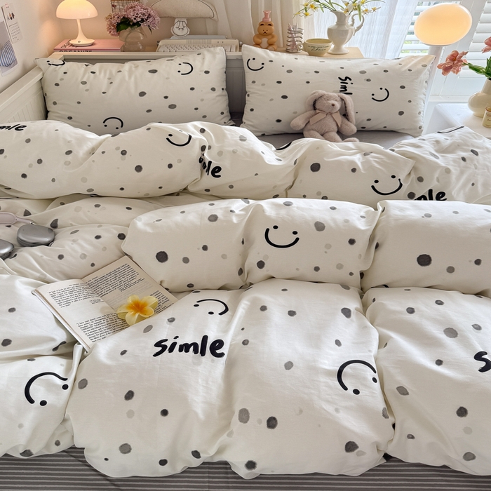 91家纺网 家纺一手货源 找家纺 Sweet dreams甜梦 2025新款卡通小清新全棉四件套 波点笑脸
