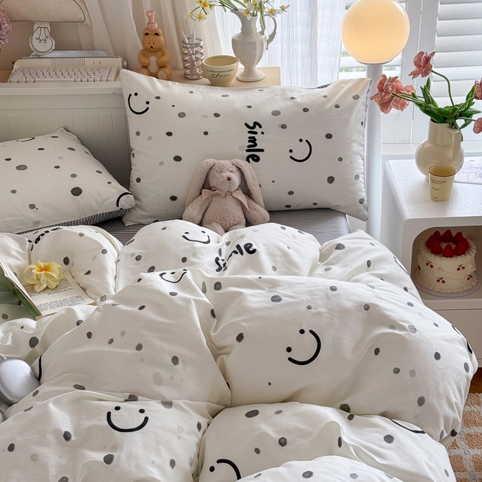 91家纺网 家纺一手货源 找家纺 Sweet dreams甜梦 2025新款卡通小清新全棉四件套 波点笑脸