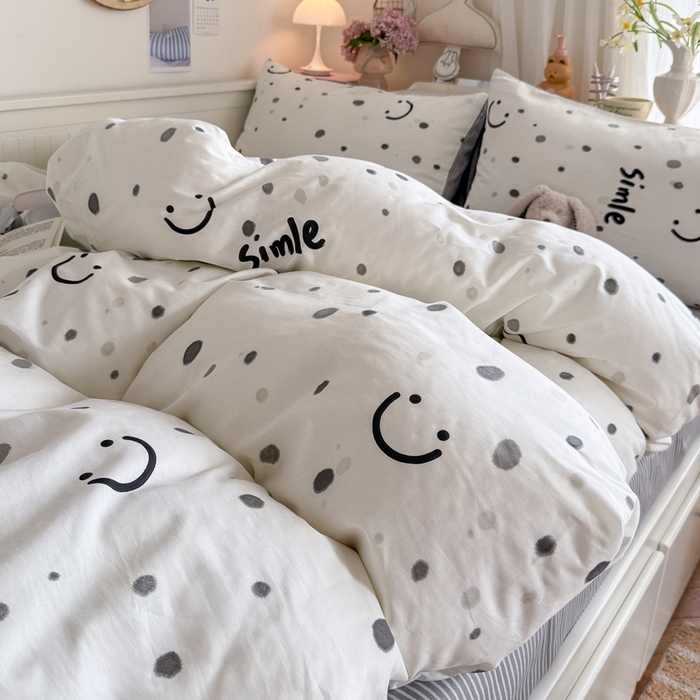 91家纺网 家纺一手货源 找家纺 Sweet dreams甜梦 2025新款卡通小清新全棉四件套 波点笑脸