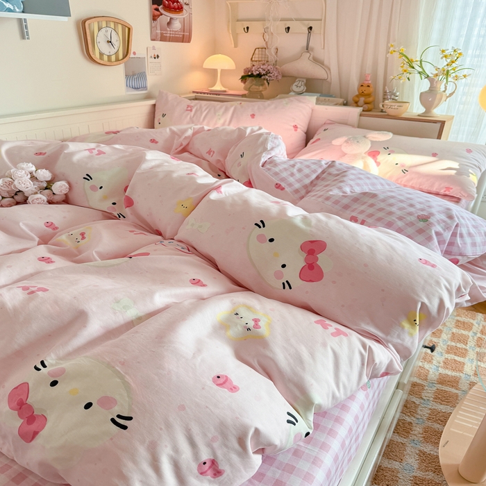 91家纺网 家纺一手货源 找家纺 Sweet dreams甜梦 2025新款卡通小清新全棉四件套 粉色小猫