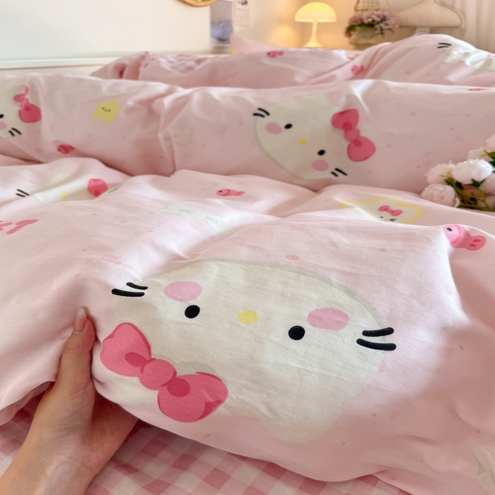 91家纺网 家纺一手货源 找家纺 Sweet dreams甜梦 2025新款卡通小清新全棉四件套 粉色小猫