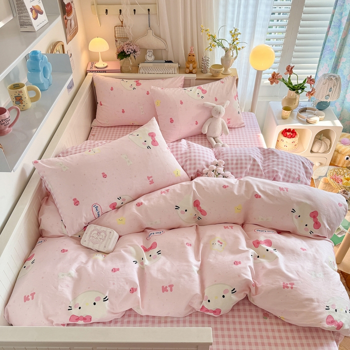 91家纺网 家纺一手货源 找家纺 Sweet dreams甜梦 2025新款卡通小清新全棉四件套 粉色小猫