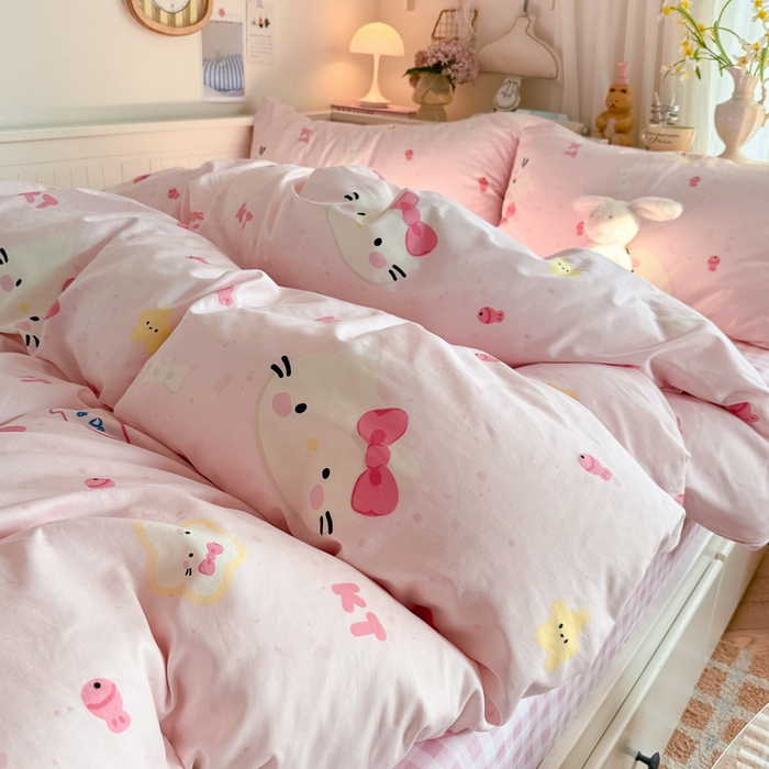 91家纺网 家纺一手货源 找家纺 Sweet dreams甜梦 2025新款卡通小清新全棉四件套 粉色小猫