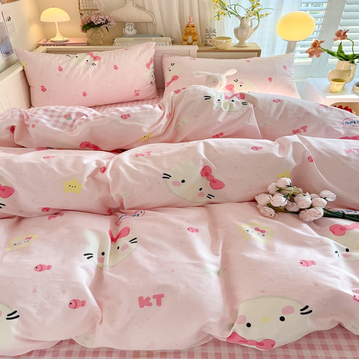 91家纺网 家纺一手货源 找家纺 Sweet dreams甜梦 2025新款卡通小清新全棉四件套 粉色小猫