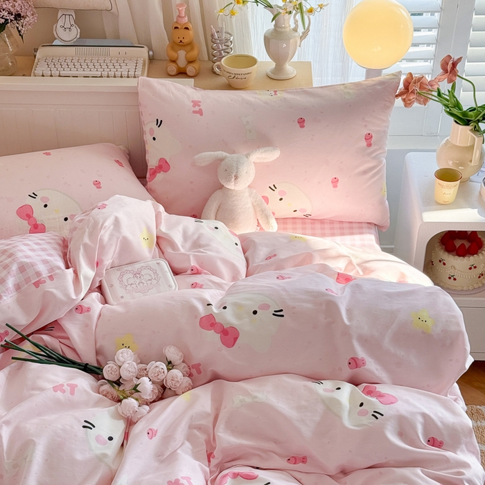 91家纺网 家纺一手货源 找家纺 Sweet dreams甜梦 2025新款卡通小清新全棉四件套 粉色小猫