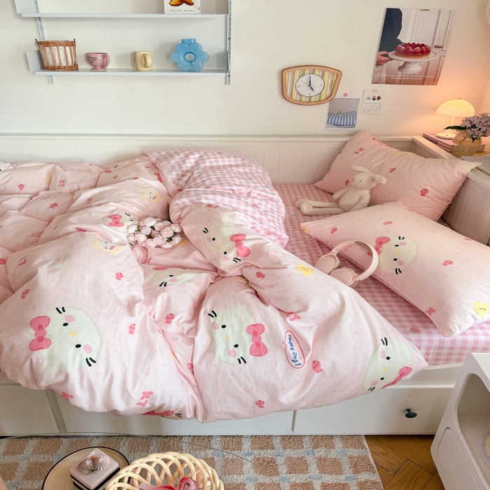 91家纺网 家纺一手货源 找家纺 Sweet dreams甜梦 2025新款卡通小清新全棉四件套 粉色小猫