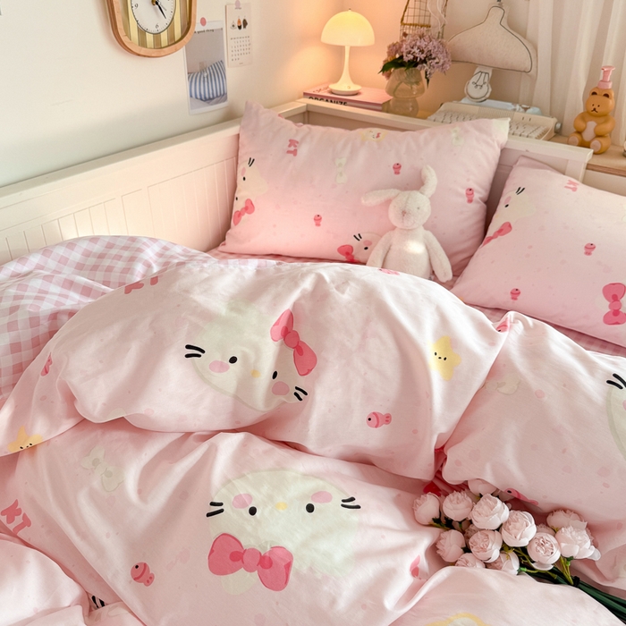 91家纺网 家纺一手货源 找家纺 Sweet dreams甜梦 2025新款卡通小清新全棉四件套 粉色小猫