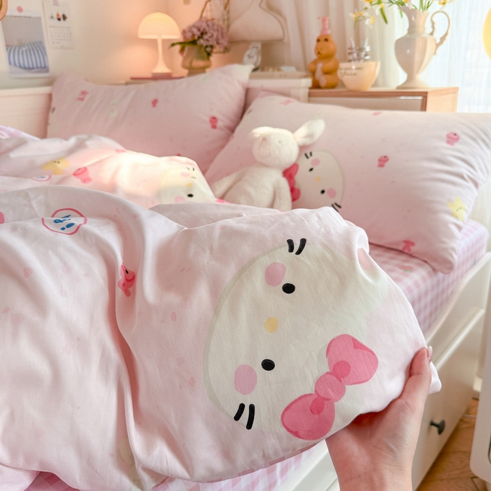 91家纺网 家纺一手货源 找家纺 Sweet dreams甜梦 2025新款卡通小清新全棉四件套 粉色小猫