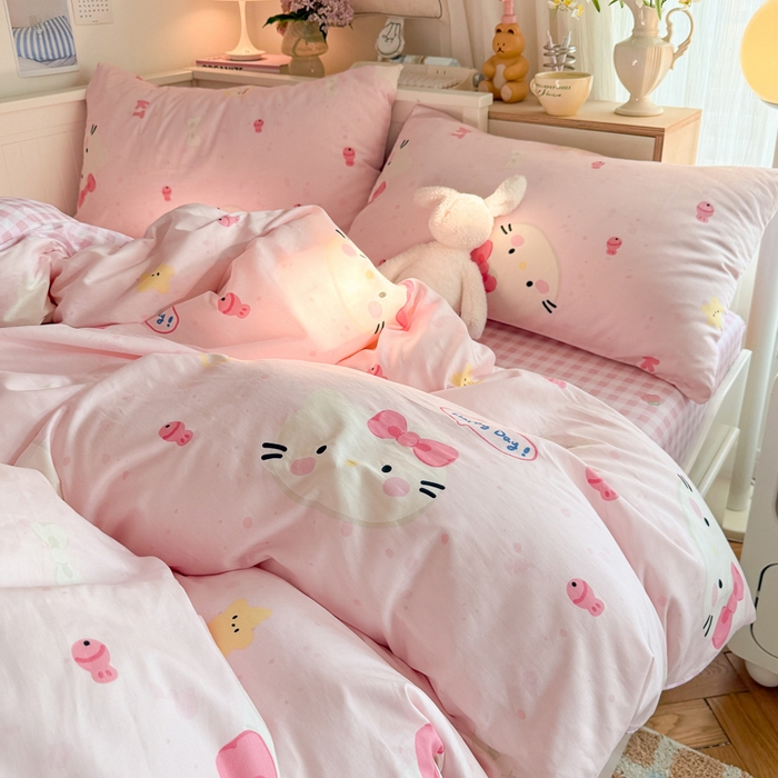 91家纺网 家纺一手货源 找家纺 Sweet dreams甜梦 2025新款卡通小清新全棉四件套 粉色小猫