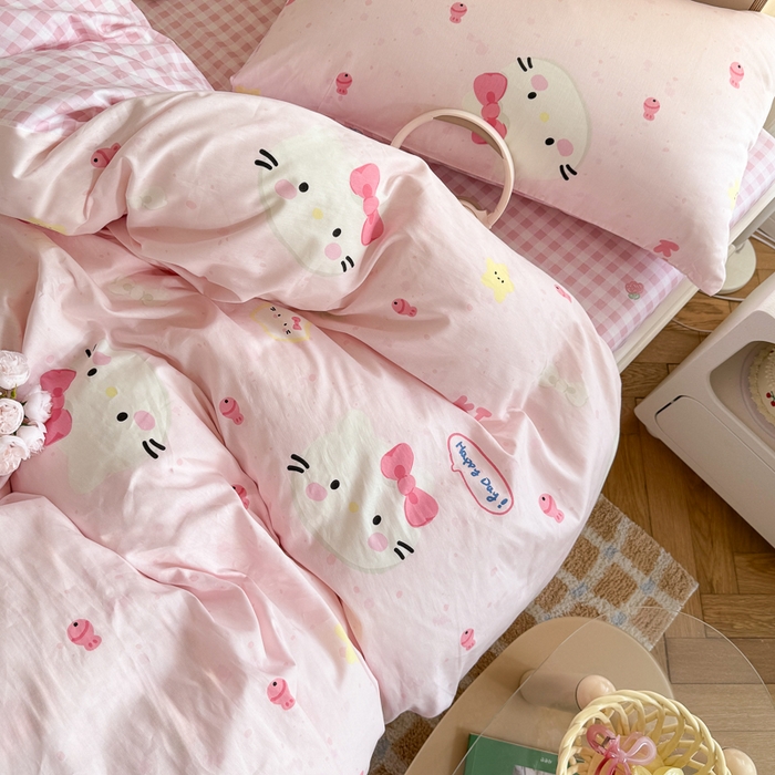 91家纺网 家纺一手货源 找家纺 Sweet dreams甜梦 2025新款卡通小清新全棉四件套 粉色小猫