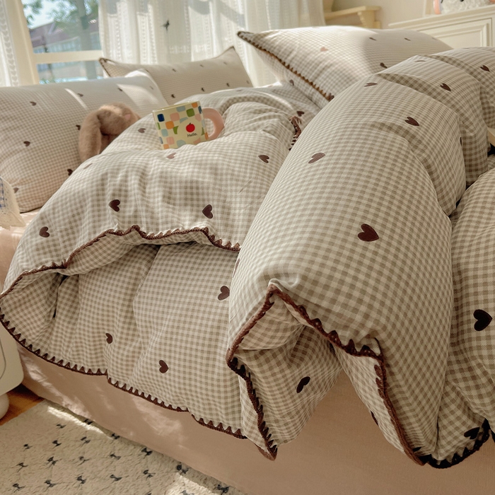 瑞莱 2025开学季全棉印花贝壳边四件套 奶昔格