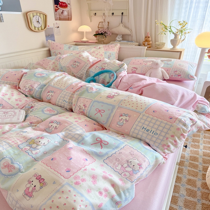 91家纺网 家纺一手货源 找家纺 Sweet dreams甜梦 2025新款卡通小清新全棉四件套 格子猫猫