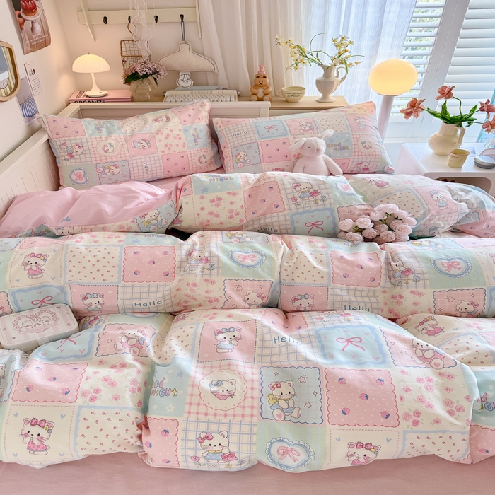 91家纺网 家纺一手货源 找家纺 Sweet dreams甜梦 2025新款卡通小清新全棉四件套 格子猫猫