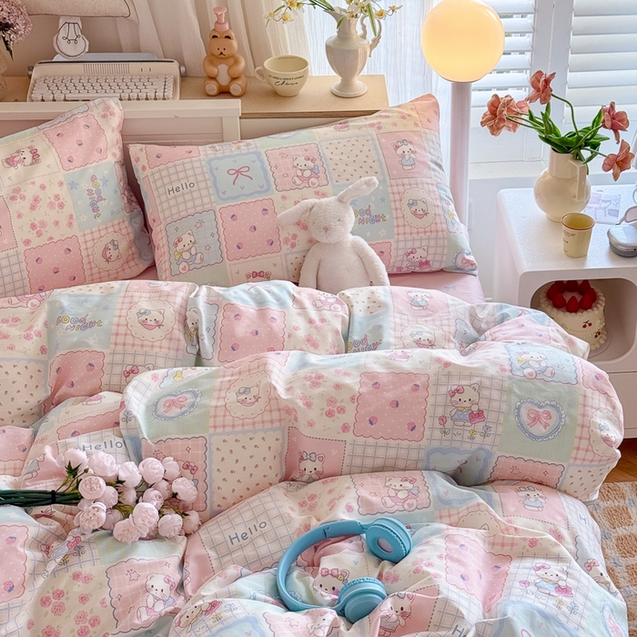 91家纺网 家纺一手货源 找家纺 Sweet dreams甜梦 2025新款卡通小清新全棉四件套 格子猫猫