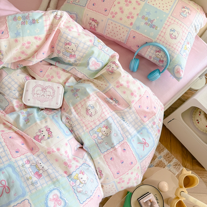 91家纺网 家纺一手货源 找家纺 Sweet dreams甜梦 2025新款卡通小清新全棉四件套 格子猫猫