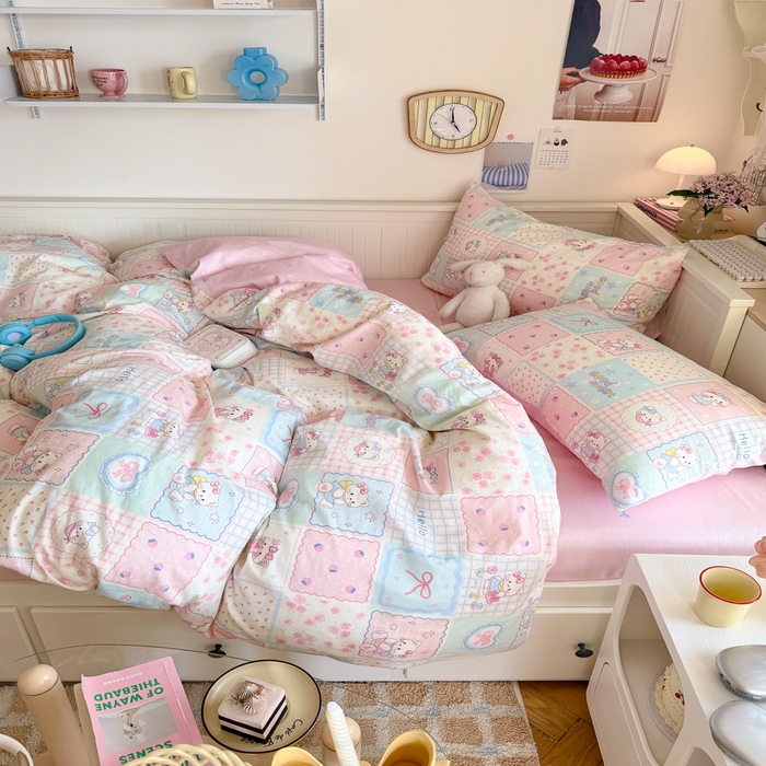 91家纺网 家纺一手货源 找家纺 Sweet dreams甜梦 2025新款卡通小清新全棉四件套 格子猫猫