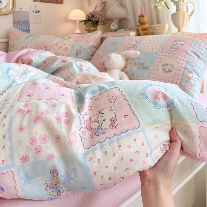 91家纺网 家纺一手货源 找家纺 Sweet dreams甜梦 2025新款卡通小清新全棉四件套 格子猫猫