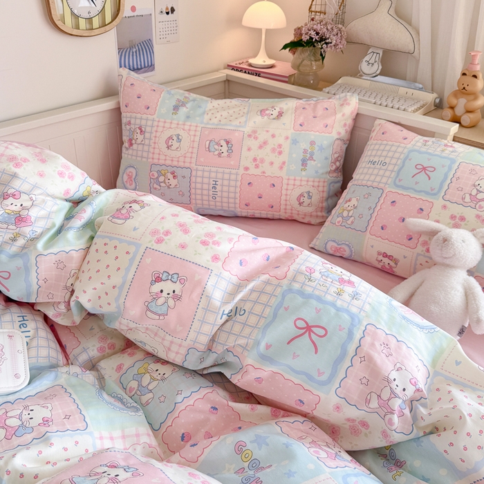 91家纺网 家纺一手货源 找家纺 Sweet dreams甜梦 2025新款卡通小清新全棉四件套 格子猫猫