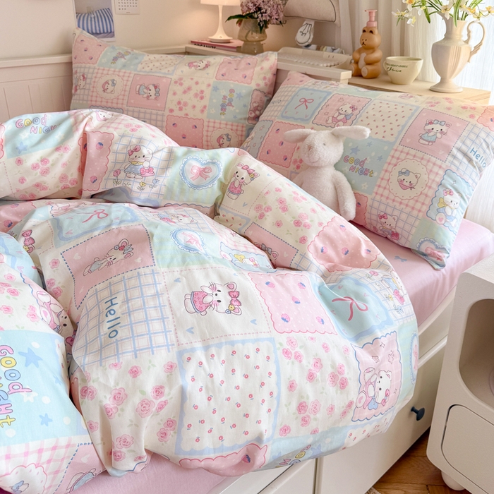 91家纺网 家纺一手货源 找家纺 Sweet dreams甜梦 2025新款卡通小清新全棉四件套 格子猫猫