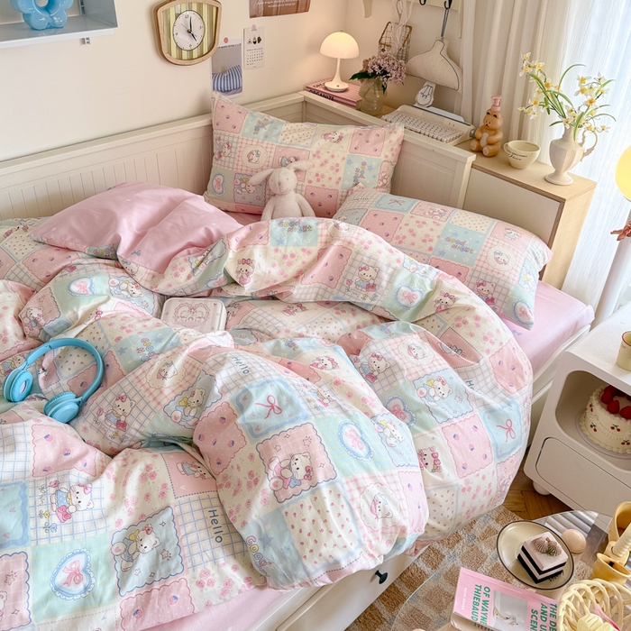 91家纺网 家纺一手货源 找家纺 Sweet dreams甜梦 2025新款卡通小清新全棉四件套 格子猫猫