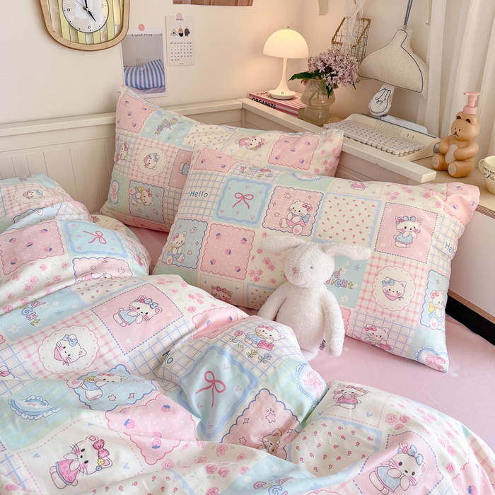 91家纺网 家纺一手货源 找家纺 Sweet dreams甜梦 2025新款卡通小清新全棉四件套 格子猫猫