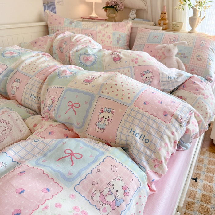 91家纺网 家纺一手货源 找家纺 Sweet dreams甜梦 2025新款卡通小清新全棉四件套 格子猫猫