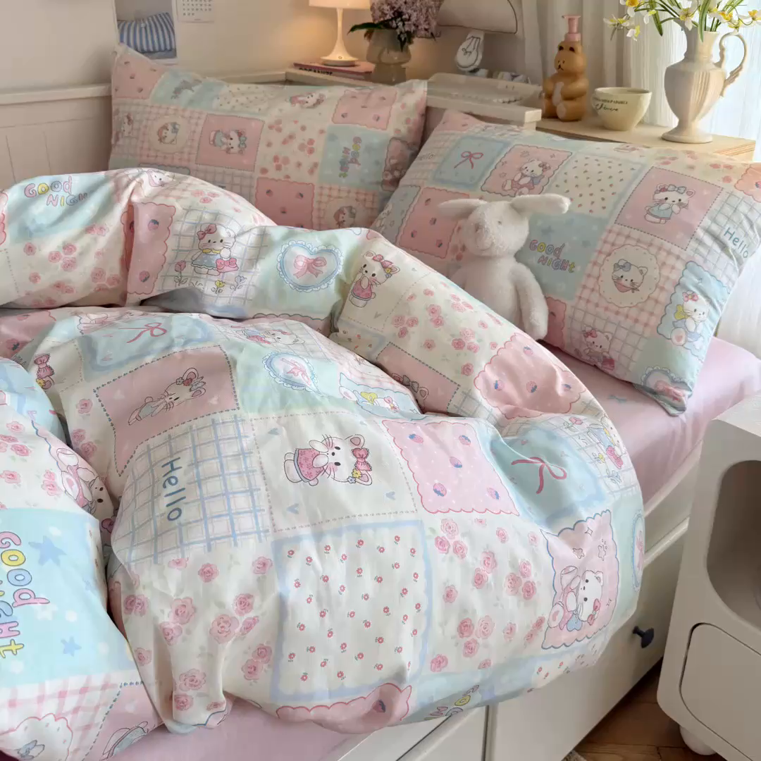 91家纺网 家纺一手货源 找家纺 Sweet dreams甜梦 2025新款卡通小清新全棉四件套 格子猫猫