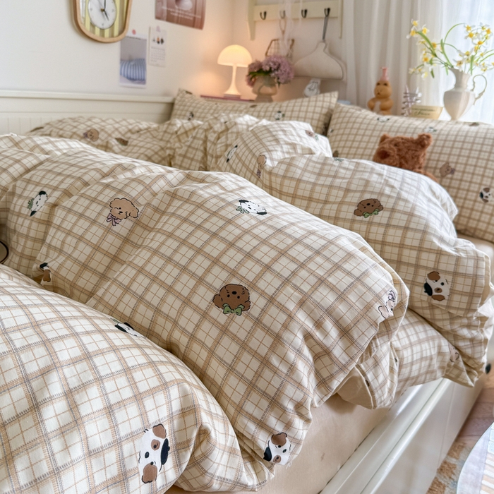 91家纺网 家纺一手货源 找家纺 Sweet dreams甜梦 2025新款卡通小清新全棉四件套 格子小狗