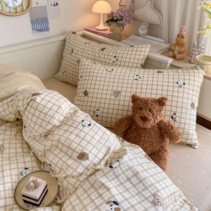 91家纺网 家纺一手货源 找家纺 Sweet dreams甜梦 2025新款卡通小清新全棉四件套 格子小狗