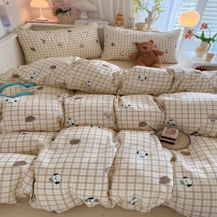 91家纺网 家纺一手货源 找家纺 Sweet dreams甜梦 2025新款卡通小清新全棉四件套 格子小狗