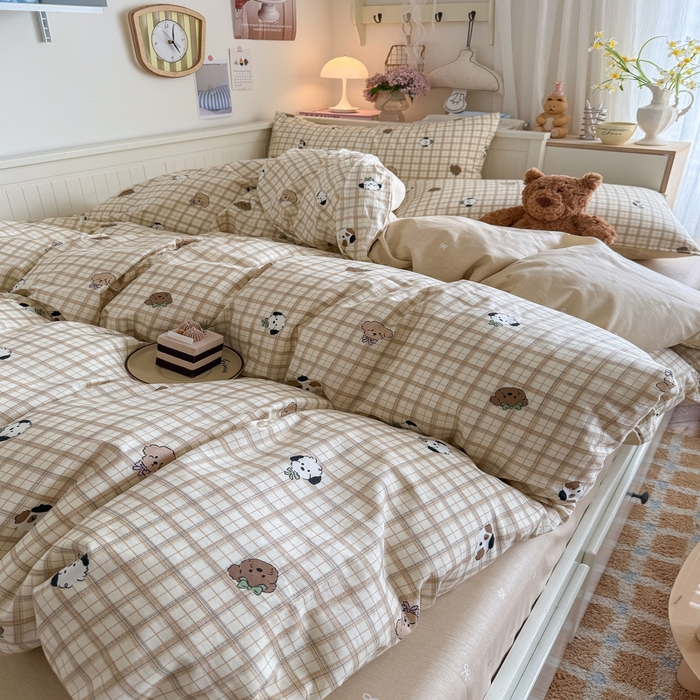 91家纺网 家纺一手货源 找家纺 Sweet dreams甜梦 2025新款卡通小清新全棉四件套 格子小狗