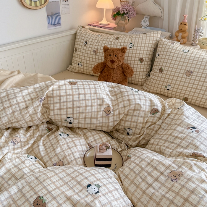 91家纺网 家纺一手货源 找家纺 Sweet dreams甜梦 2025新款卡通小清新全棉四件套 格子小狗