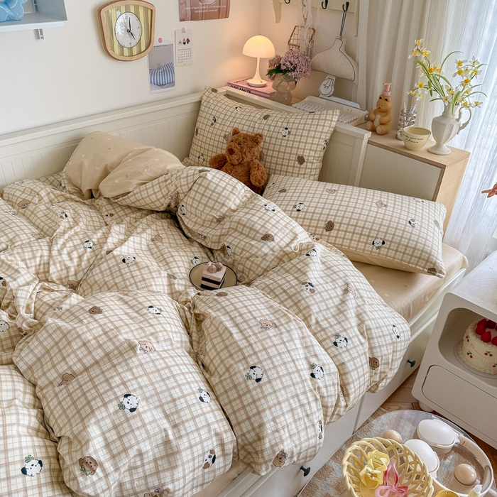 91家纺网 家纺一手货源 找家纺 Sweet dreams甜梦 2025新款卡通小清新全棉四件套 格子小狗