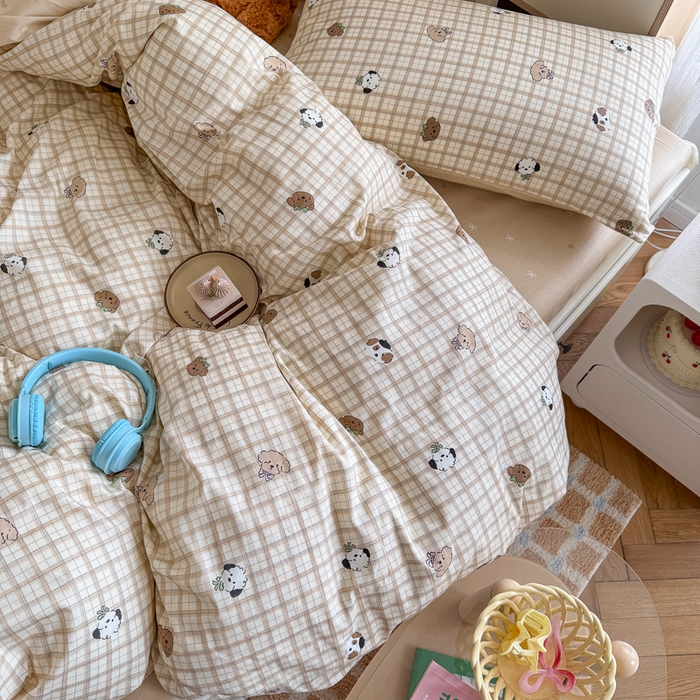 91家纺网 家纺一手货源 找家纺 Sweet dreams甜梦 2025新款卡通小清新全棉四件套 格子小狗