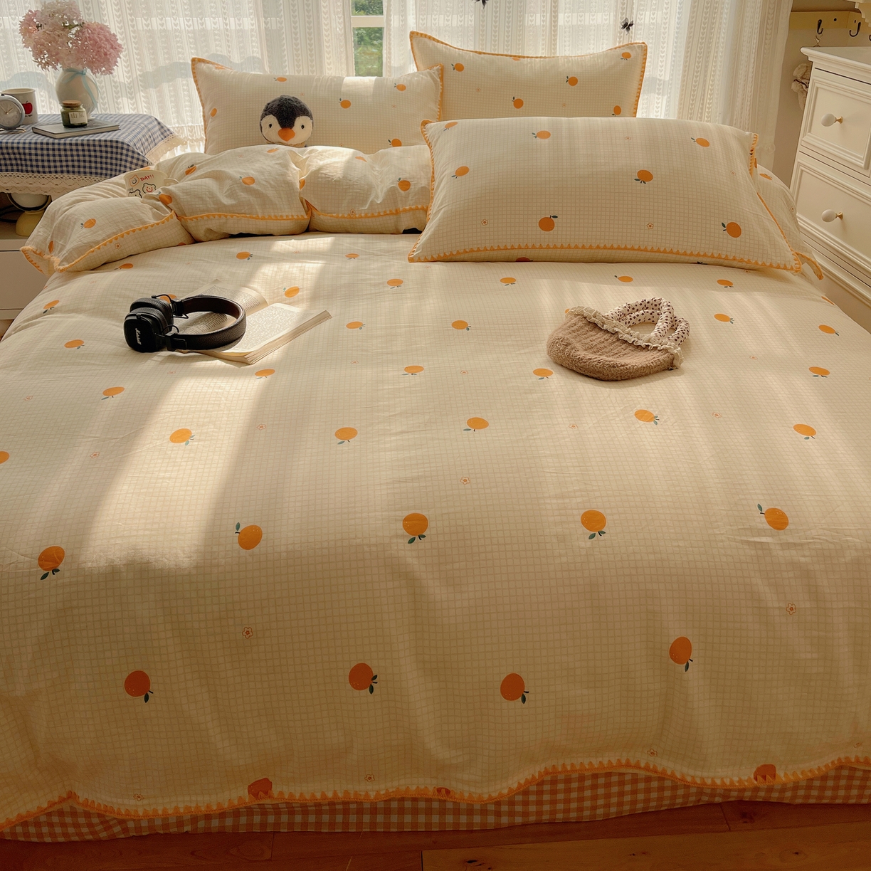 91家纺网 家纺一手货源 找家纺 瑞莱 2025开学季全棉印花贝壳边四件套 甜桔