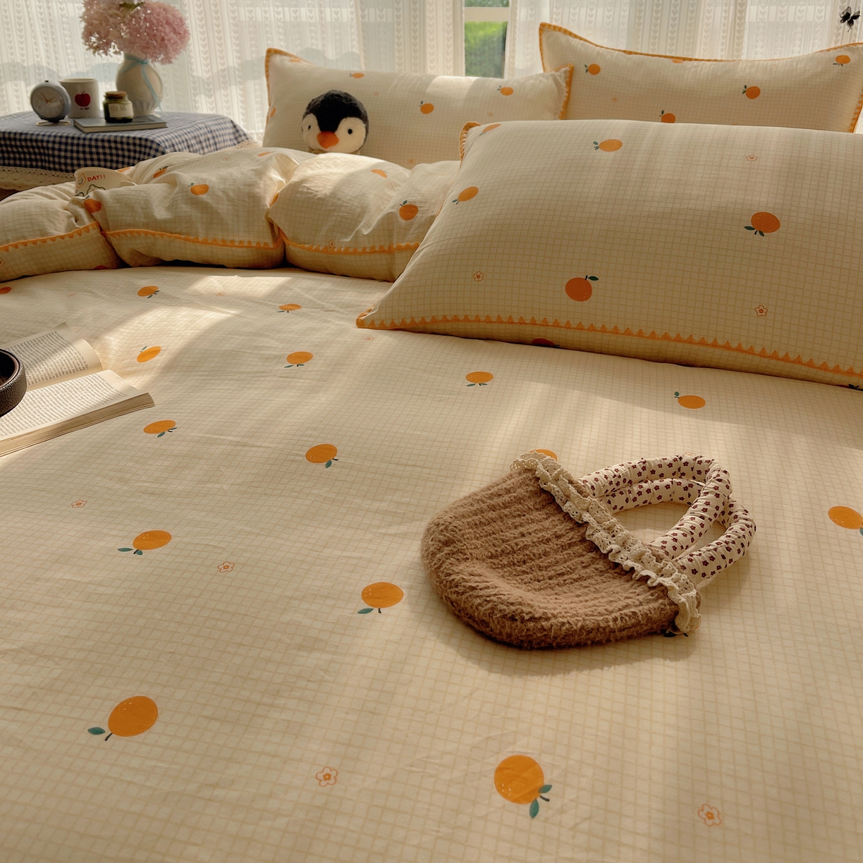 91家纺网 家纺一手货源 找家纺 瑞莱 2025开学季全棉印花贝壳边四件套 甜桔