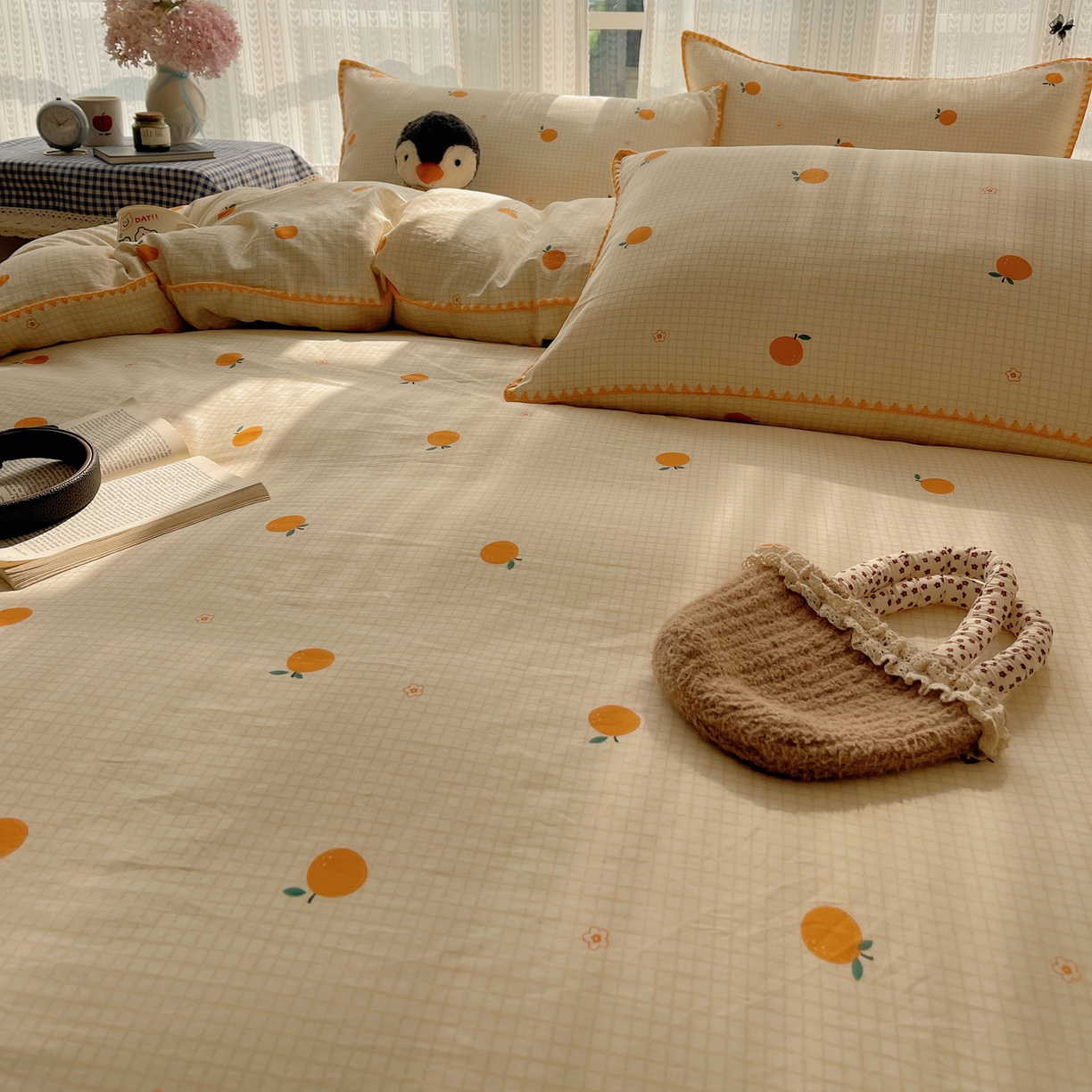 91家纺网 家纺一手货源 找家纺 瑞莱 2025开学季全棉印花贝壳边四件套 甜桔