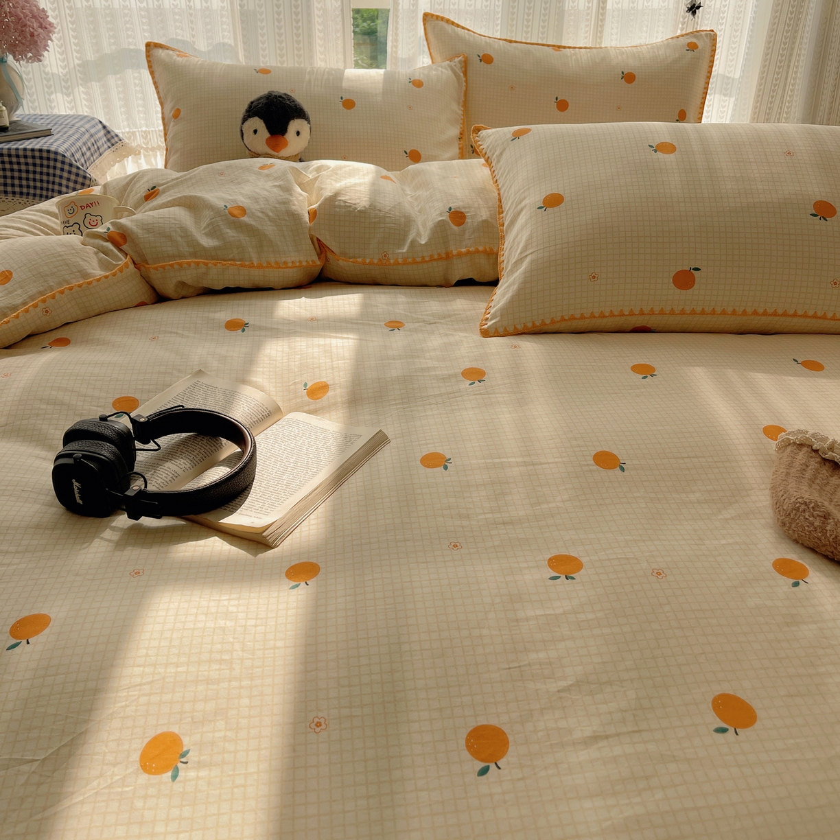 91家纺网 家纺一手货源 找家纺 瑞莱 2025开学季全棉印花贝壳边四件套 甜桔