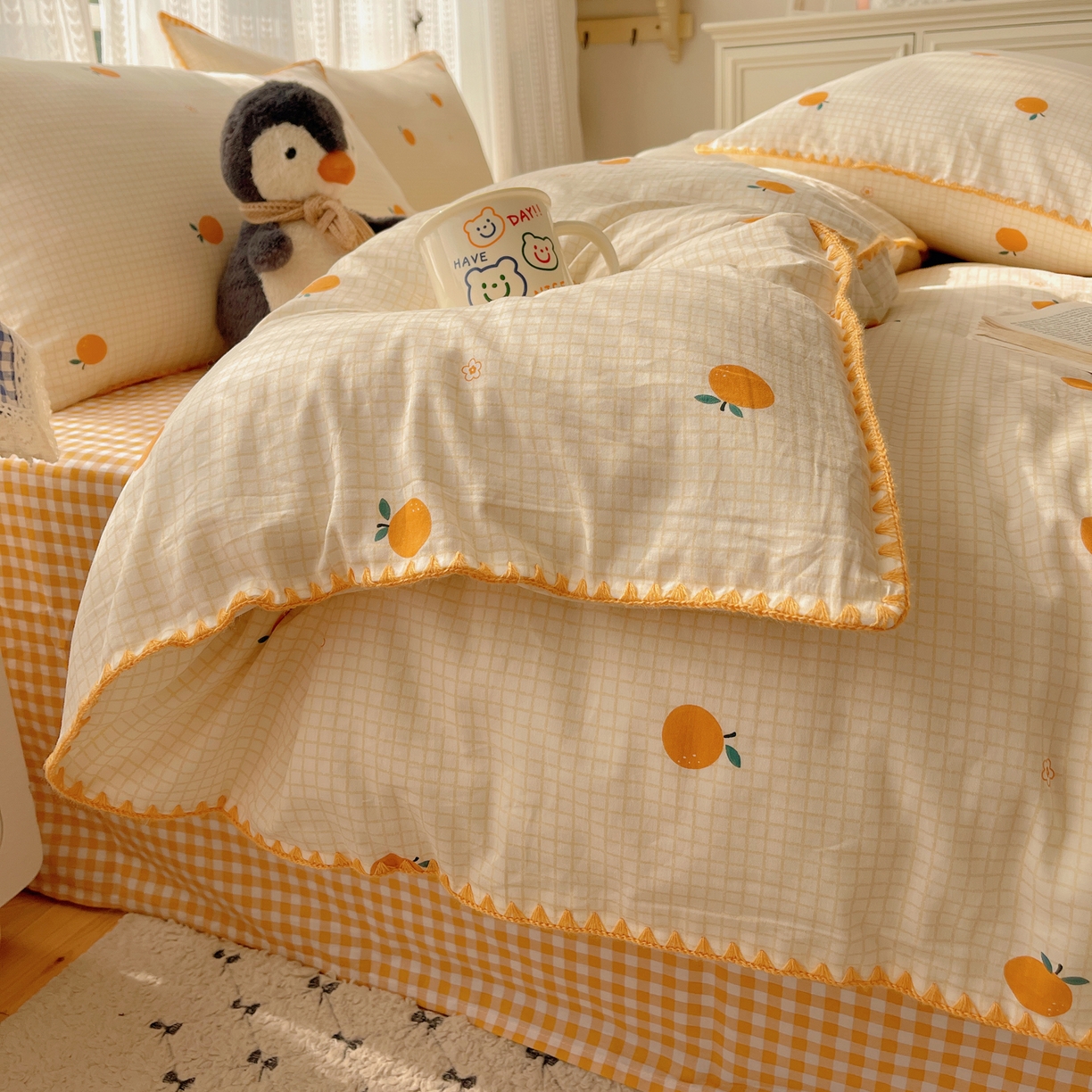 91家纺网 家纺一手货源 找家纺 瑞莱 2025开学季全棉印花贝壳边四件套 甜桔