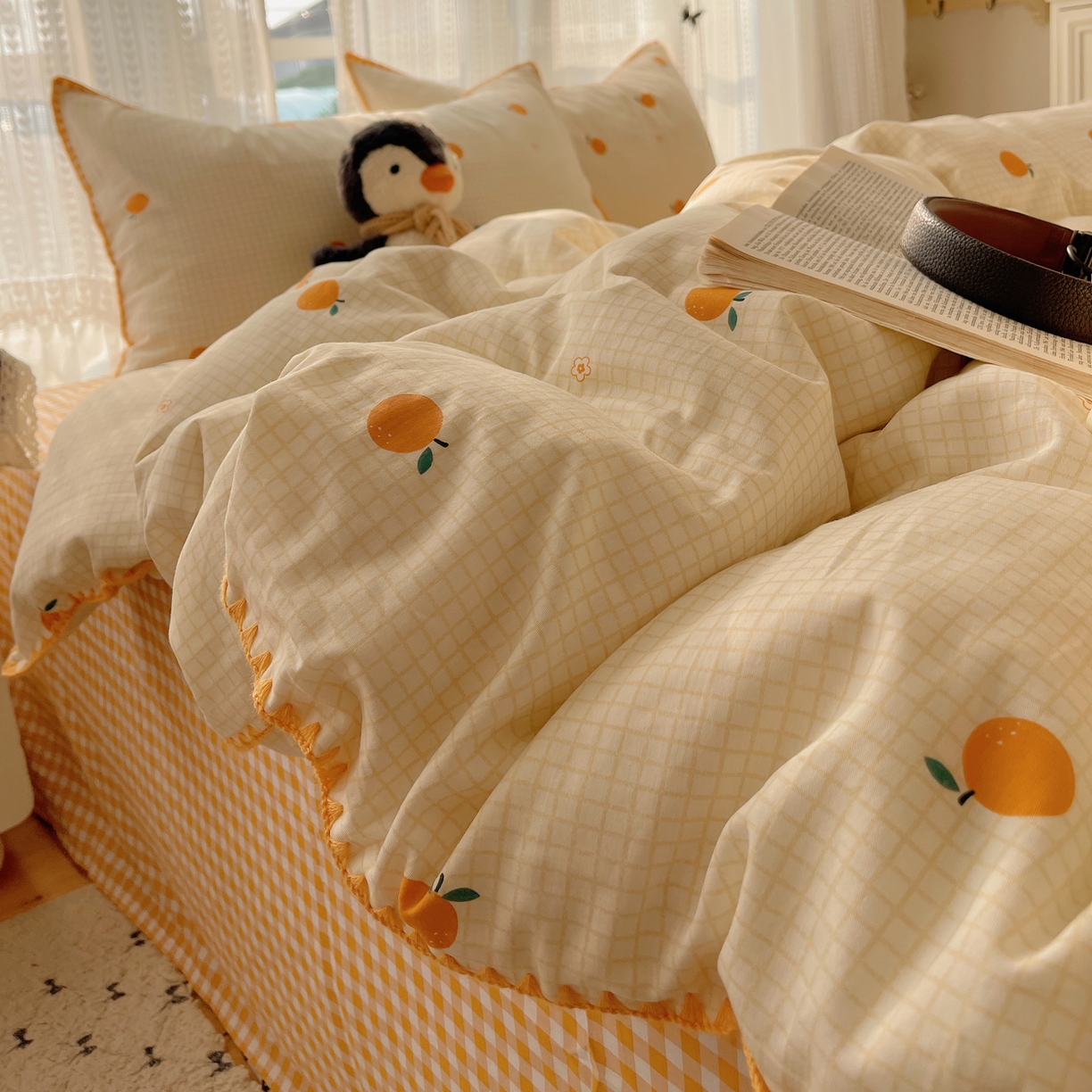 91家纺网 家纺一手货源 找家纺 瑞莱 2025开学季全棉印花贝壳边四件套 甜桔