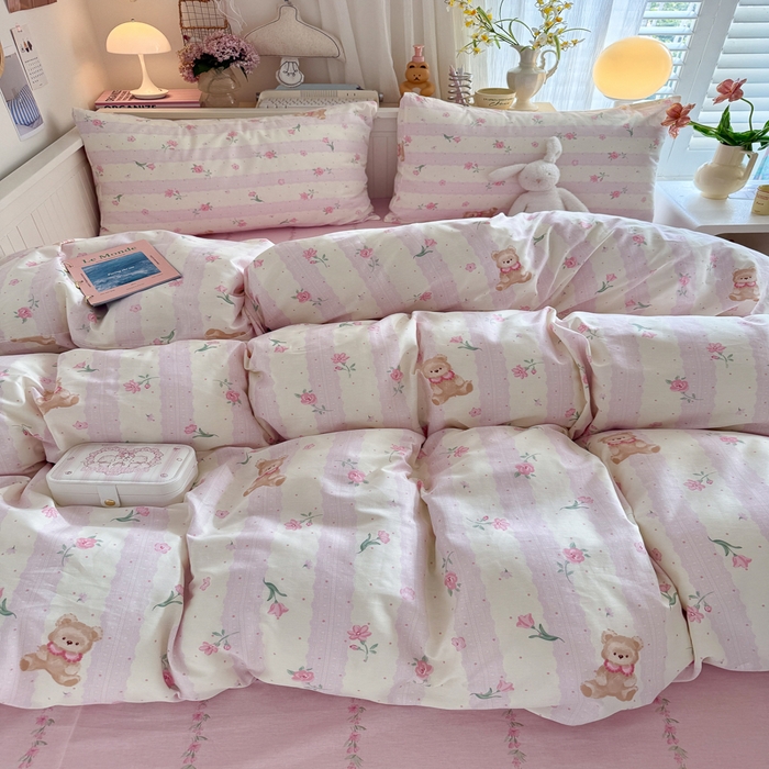 91家纺网 家纺一手货源 找家纺 Sweet dreams甜梦 2025新款卡通小清新全棉四件套 花花小熊