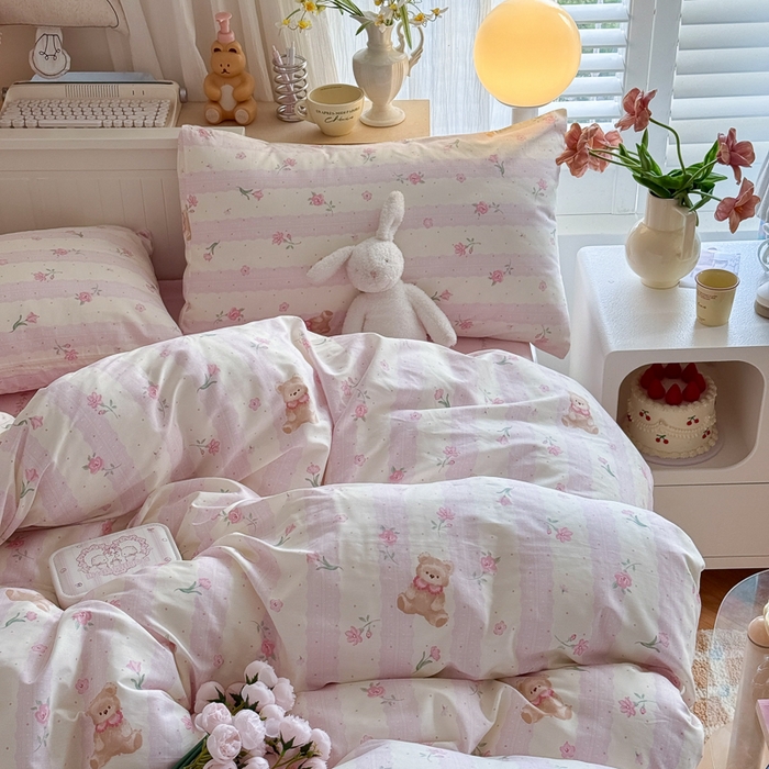 91家纺网 家纺一手货源 找家纺 Sweet dreams甜梦 2025新款卡通小清新全棉四件套 花花小熊