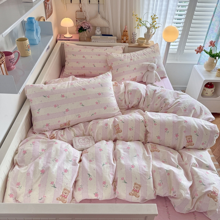 91家纺网 家纺一手货源 找家纺 Sweet dreams甜梦 2025新款卡通小清新全棉四件套 花花小熊