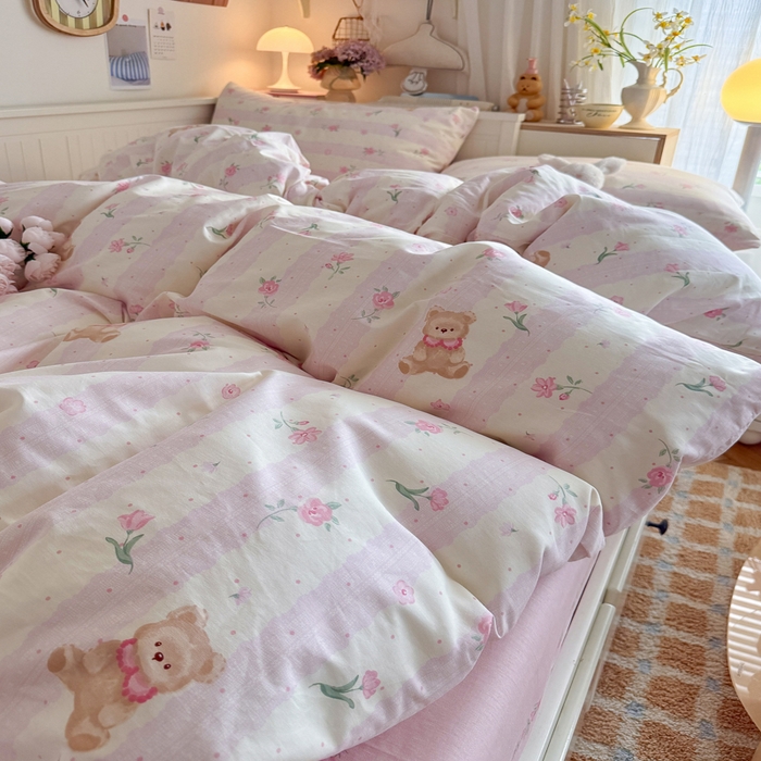 91家纺网 家纺一手货源 找家纺 Sweet dreams甜梦 2025新款卡通小清新全棉四件套 花花小熊