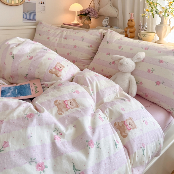 91家纺网 家纺一手货源 找家纺 Sweet dreams甜梦 2025新款卡通小清新全棉四件套 花花小熊