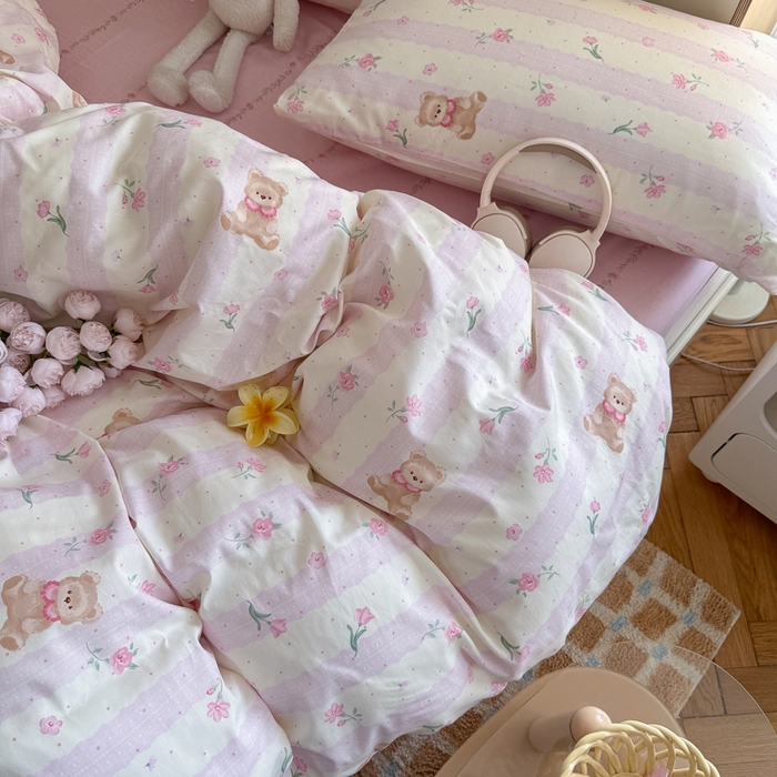 91家纺网 家纺一手货源 找家纺 Sweet dreams甜梦 2025新款卡通小清新全棉四件套 花花小熊