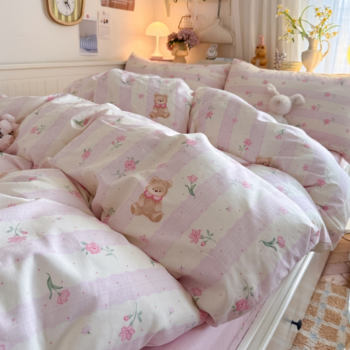 91家纺网 家纺一手货源 找家纺 Sweet dreams甜梦 2025新款卡通小清新全棉四件套 花花小熊